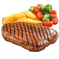 Grilled Steak with Broccoli, Tomatoes, and Mashed Potatoes on Plate png