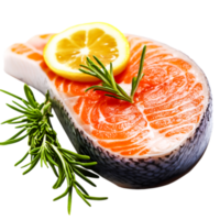 Fresh Salmon Steak with Lemon Slice and Rosemary Garnish on png