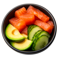Fresh Salmon Cubes with Slices of Cucumber and Avocado in Bowl png