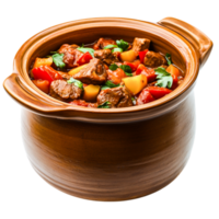 Hearty Beef Stew in Brown Ceramic Pot with Vegetables and Fresh Herbs png