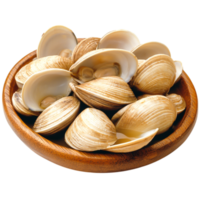 Fresh Shellfish Displayed in Natural Wooden Bowl on png