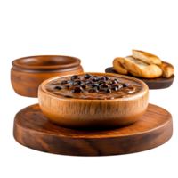 Savory Bean Dish in Wooden Bowl with Bread Rolls on Rustic Surface png