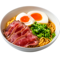 Delicious bowl of ramen with soft boiled eggs and sliced beef toppings png