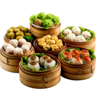 Assorted Delicious Dumplings in Bamboo Steamer with Fresh Green Lettuce png