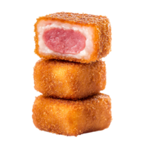 Crispy Fried Snack with Soft Pink Center in Three Stack Arrangement png