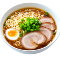 Delicious bowl of ramen with sliced pork, green onions, and soft boiled egg png