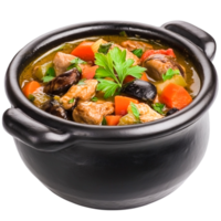 Delicious Homemade Stew in Black Pot with Fresh Vegetables and Herbs png