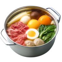 Fresh ingredients in a pot of hot soup with meat and vegetables png