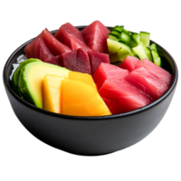 Fresh sushi bowl with assorted sashimi, avocado, and cucumber salad png
