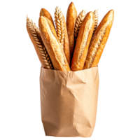 Freshly Baked Baguettes Surrounded by Wheat Stalks in Paper Bag Display png