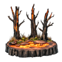 Fiery Tree Stumps Surrounded by Flames and Grass in Fantasy Landscape png