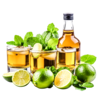 Refreshing Beverage Setup with Limes, Mint Leaves, and Bottle of Liquor png