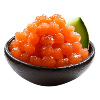 Fresh Salmon Roe in a Black Bowl with Slice of Lime on png
