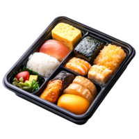 Fresh and Colorful Sushi Bento Box with Fish, Rice, Vegetables, and Eggs png