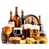 Assorted Craft Beers and Ingredients Distinctive Wooden Background png