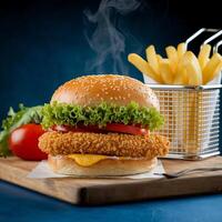 A chicken sandwich and french fries on a cutting board photo