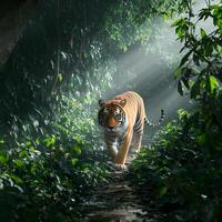A tiger walking through the jungle photo