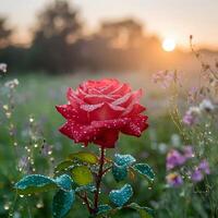 A red rose in a field with water droplets photo