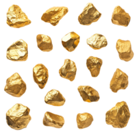 Collection of golden nuggets on a plain backdrop view isolated on transparent background png