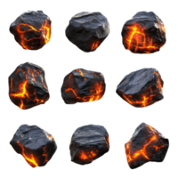 Collection of lava rocks glowing on a dark setting render isolated on transparent background png