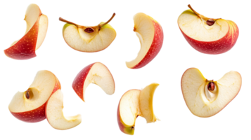 Fresh red apple slices floating on a plain backdrop isolated on transparent background png
