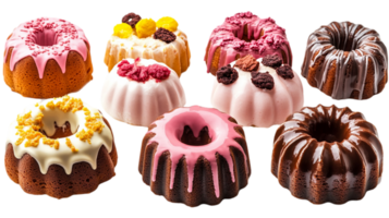Delicious bundt cakes with frosting and colorful toppings isolated on transparent background png