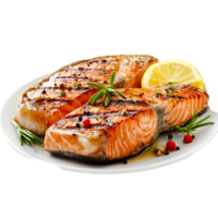 Grilled salmon steaks with lemon and herbs on a plate isolated on transparent background png
