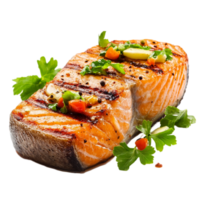 Grilled salmon fillet with herbs and spices presentation isolated on transparent background png