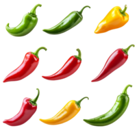 Fresh colorful chili peppers food ingredients arrangement isolated on transparent background png