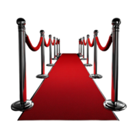 Elegant red carpet entrance with chrome stanchions ropes isolated on transparent background png
