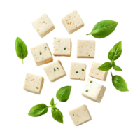 Fresh cubes of tofu with basil leaves on a dark surfaceisolated on transparent background png