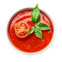 Tomato soup bowl with basil garnish food presentationisolated on transparent background png