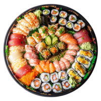 Delicious sushi platter with various rolls and sashimi cutsisolated on transparent background png
