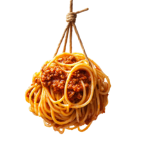 Spaghetti with meat sauce hanging from a twine stringisolated on transparent background png