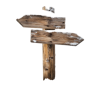 Wooden directional signpost with snow on a plain backdrop isolated on transparent background png
