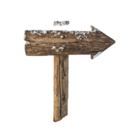 Rustic wooden signpost with snow pointing to the right isolated on transparent background png
