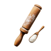 Wooden rolling pin and scoop with flour for baking use isolated on transparent background png