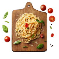 Italian pasta on a wooden cutting board with tomatoes and basil png