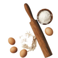 Baking ingredients flour eggs and rolling pin still life isolated on transparent background png