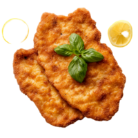 Delicious schnitzel with lemon and basil presentation food isolated on transparent background png