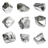 Collection of silver nuggets minerals metallic elements isolated on transparent background png