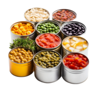 Assortment of canned vegetables and legumes in metal cans isolated on transparent background png