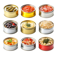 Assortment of canned goods featuring various food types isolated on transparent background png
