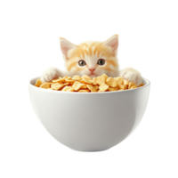 Adorable kitten inside a bowl of food looking at camera isolated on transparent background png