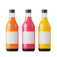 Refreshing fruit drinks in bottles with blank labels isolated on transparent background png