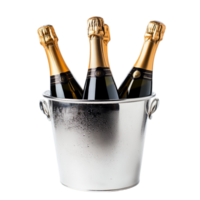 Chilled bottles of sparkling wine in a silver ice bucket isolated on transparent background png