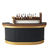 Elegant bar counter with liquor bottles and glassware setup isolated on transparent background png