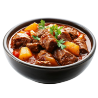 Delicious beef stew with potatoes in a bowl close up view isolated on transparent background png