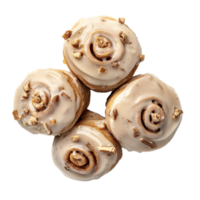 Delicious cinnamon rolls with icing and nut toppings yum isolated on transparent background png