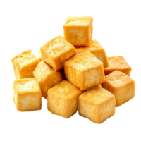 Delicious fried tofu cubes stacked up close up presentation isolated on transparent background png